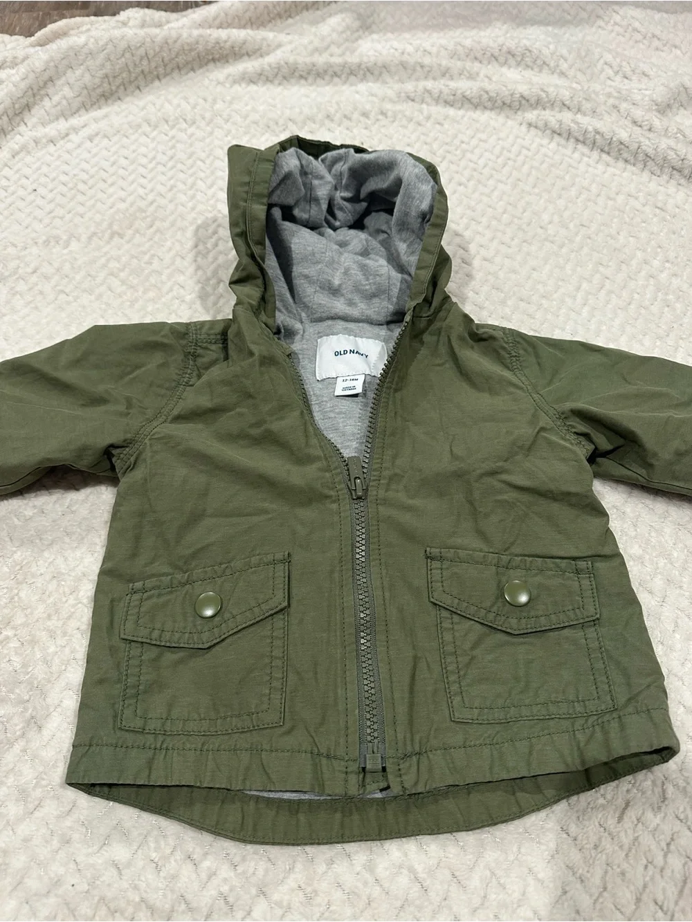 Old Navy Kids Hooded Raincoat in Olive Green with Gray Lining